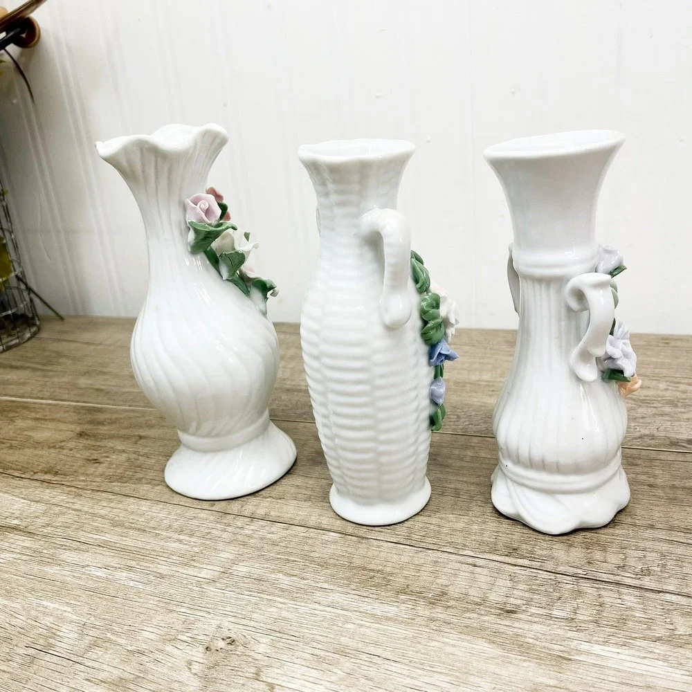 Vintage White Porcelain Miniature Bud Vases Set of 3 Applied 3D Floral Accents